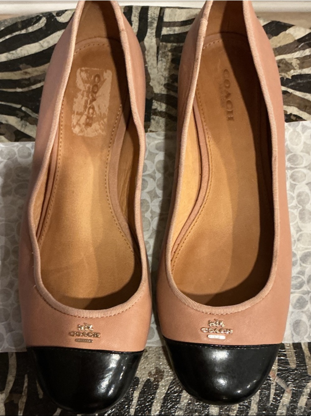 Coach Pink Leather Cap-Toe Ballet Flats with Black Patent Toe
